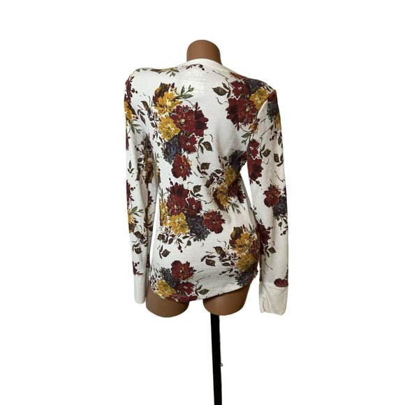 Floral Waffle Knit Henley Top M Soft Cozy Fall Colors Long Sleeve Tee - Picture 2 of 5